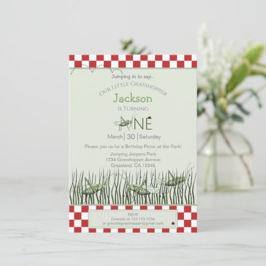 Peek-a-Boo Grasshoppers 1e Verjaardag Picknickfees Kaart (Staand voorkant)