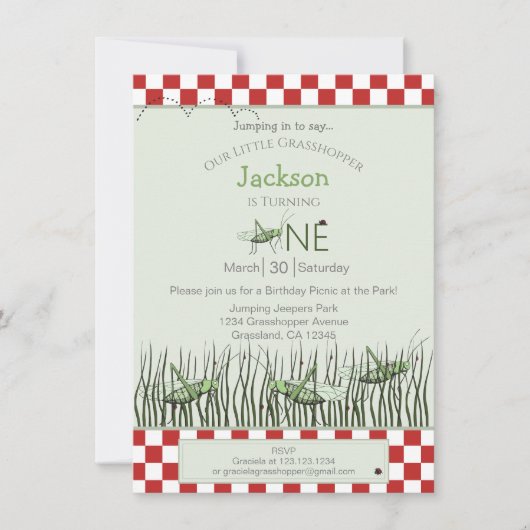 Peek-a-Boo Grasshoppers 1e Verjaardag Picknickfees Kaart (Voorkant)
