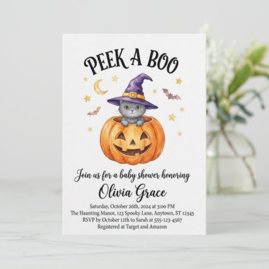 "Peek A Boo" Halloween babyshower uitnodiging (Staand voorkant)