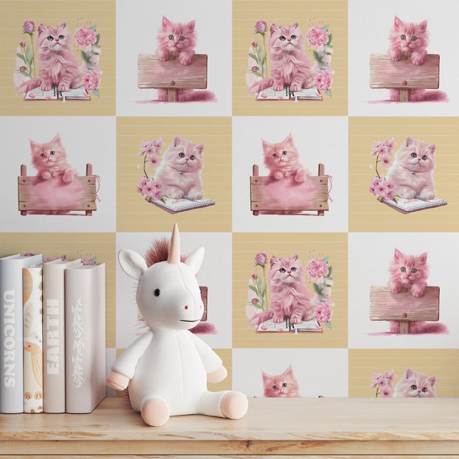 Peek-A-Boo Kat! Roze Kitten & Boek Behang (Peek-A-Boo Kitty! Pink Kitten & Book Wallpaper)