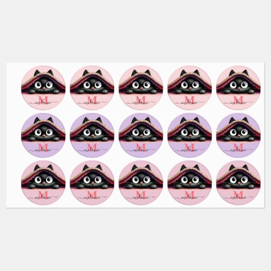 Peek-a-Boo Kitten Script Naam Monogram Meisjes Labels (Vel)
