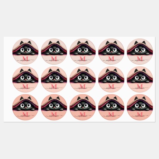 Peek-a-Boo Kitten Script Naam Monogram Meisjes Labels (Vel)