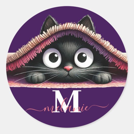 Peek-a-Boo Kitten Script Naam Monogram Meisjes Ronde Sticker (Voorkant)