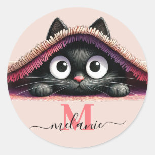 Peek-a-Boo Kitten Script Naam Monogram Meisjes Ronde Sticker