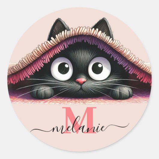 Peek-a-Boo Kitten Script Naam Monogram Meisjes Ronde Sticker (Voorkant)