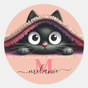 Peek-a-Boo Kitten Script Naam Monogram Meisjes  Ronde Sticker