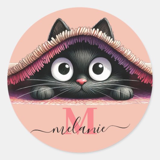 Peek-a-Boo Kitten Script Naam Monogram Meisjes  Ronde Sticker (Voorkant)
