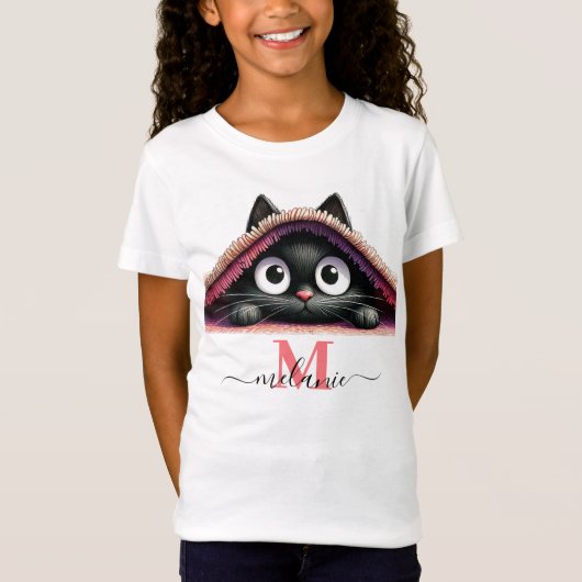 Peek-a-Boo Kitten Script Naam Monogram Meisjes T-shirt (Voorkant)