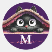 Peek-a-Boo Kitten Script Name Monogram Girls' Ronde Sticker (Voorkant)