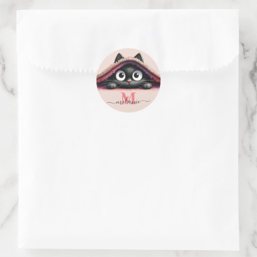Peek-a-Boo Kitten Script Name Monogram Girls' Ronde Sticker (Tas)