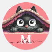 Peek-a-Boo Kitten Script Name Monogram Girls'  Ronde Sticker (Voorkant)