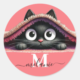 Peek-a-Boo Kitten Script Name Monogram Girls'  Ronde Sticker