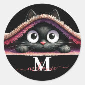 Peek-a-Boo Kitten Script Name Monogram Girls' Ronde Sticker (Voorkant)