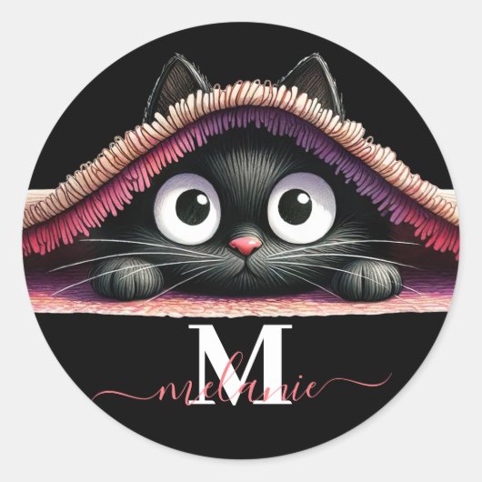 Peek-a-Boo Kitten Script Name Monogram Girls' Ronde Sticker (Voorkant)
