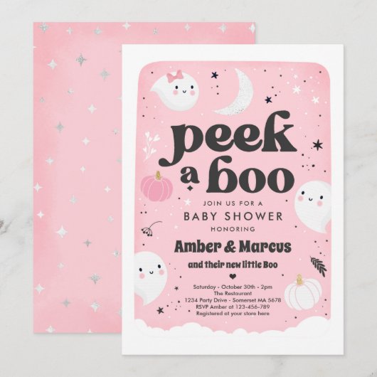 Peek A Boo Leuke Roze Ghost Baby shower Uitnodigin Kaart (Voorkant / Achterkant)