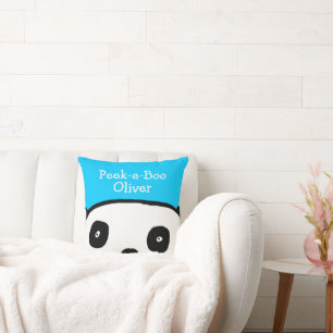 Peek-a-Boo Panda Persoonlijke naam Blauw Kussen