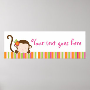 Peek A Boo Pink Girl Monkey Baby shower Banner Poster