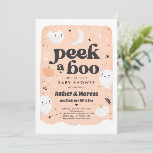 Peek A Boo Schattige Peach Ghost Baby shower Kaart (Staand voorkant)