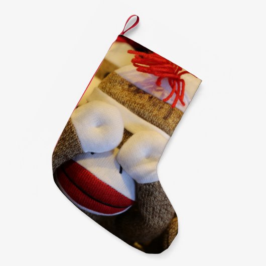 Peek-a-boo Sock Monkey Kleine Kerstsok (Voorkant (Hangend))
