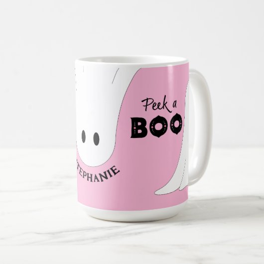 Peek a Book Gepersonaliseerde Ghost Pink Halloween Koffiemok (Voorkant rechts)