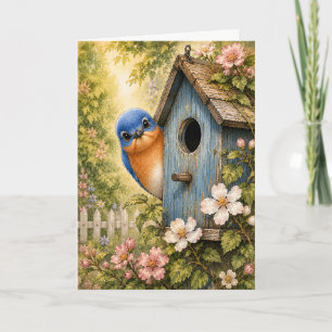 Peekaboo Blauwe Vogel Vogelhuisje Waterverf Blanco Kaart