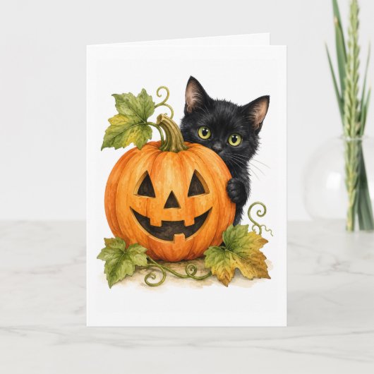 Peekaboo Pumpkin Patch Zwarte Kat Aquarel Blanco Kaart (Voorkant)