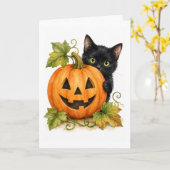 Peekaboo Pumpkin Patch Zwarte Kat Aquarel Blanco Kaart (Gele Bloem)