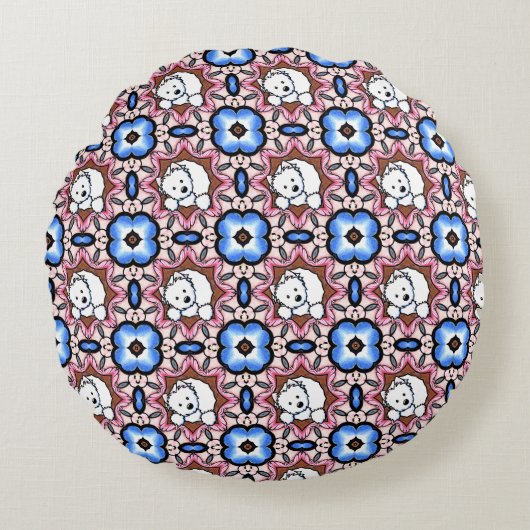 Peekaboo Westie Floral Rond Kussen (Voorkant)
