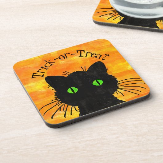 Peeking Black Cat Halloween Waterverf Design Bier Onderzetter (Linkerzijde)