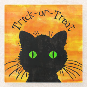 Peeking Black Cat Halloween Waterverf Design Glazen Onderzetter