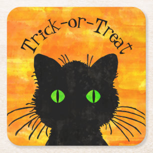 Peeking Black Cat Halloween Waterverf Design Kartonnen Onderzetters