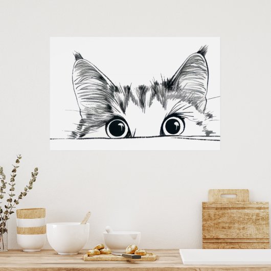 Peeking Cat lijntekening Poster (Keuken)