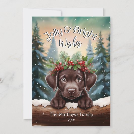 Peeking Chocolate Lab Jolly & Bright Rustic Forest Feestdagenkaart (Voorkant)