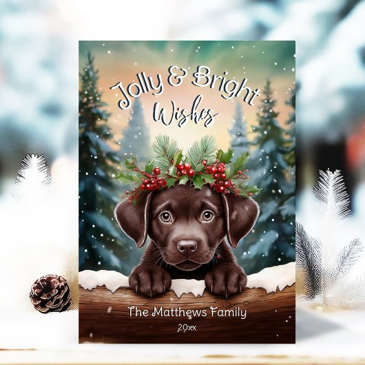 Peeking Chocolate Lab Jolly & Bright Rustic Forest Feestdagenkaart