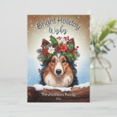 Peeking Collie Bright Wishes Winter Pet Portrait Feestdagenkaart (Staand voorkant)