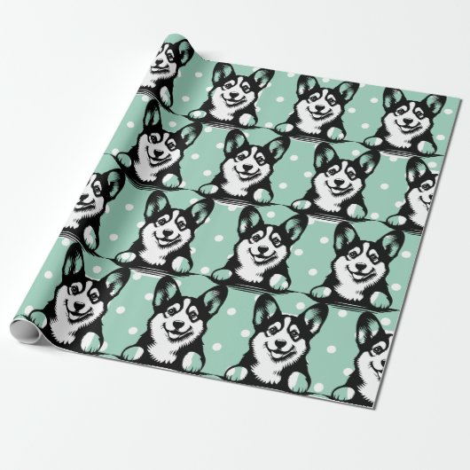 Peeking Corgi Green gepersonaliseerd thema Cadeaupapier (Uitgerold)