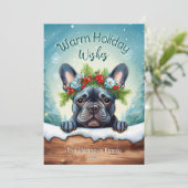 Peeking Franse Bulldog Schattige Kerstportret Feestdagenkaart (Staand voorkant)