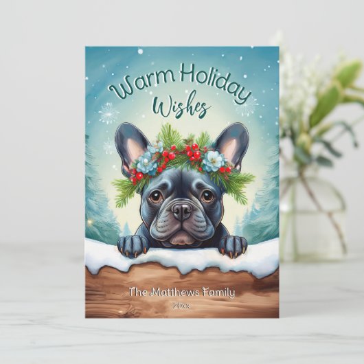 Peeking Franse Bulldog Schattige Kerstportret Feestdagenkaart (Staand voorkant)