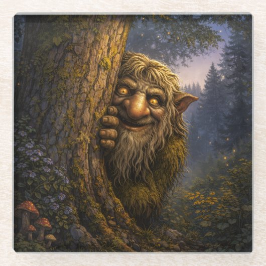 Peeking Norwegian Troll, Glass Coaster Glazen Onderzetter (Voorkant)