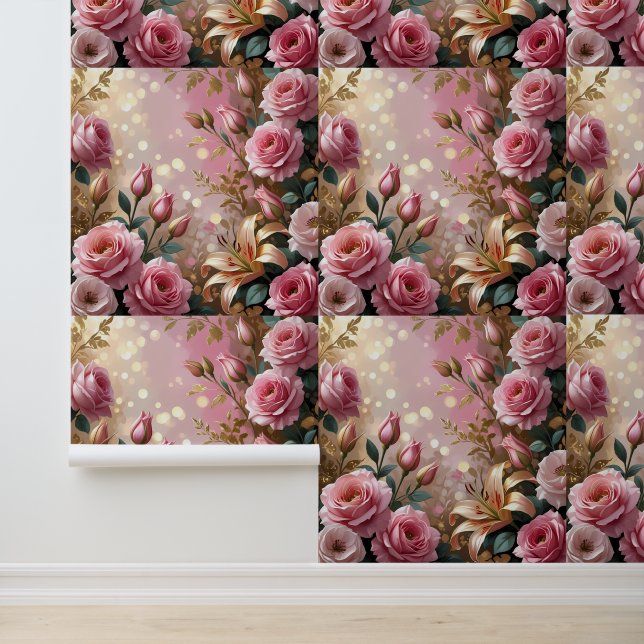 Peel and Stick Pink Gold Floral Roos Lily Dream Behang (Applicatie)