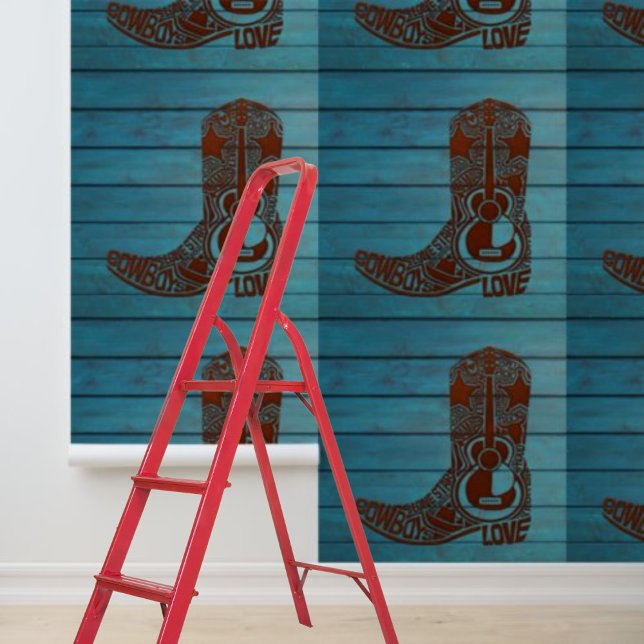 Peel en Stick bruin cowboylaars western blauw hout Behang (Peel and Stick brown cowboy boot western blue wood Wallpaper)