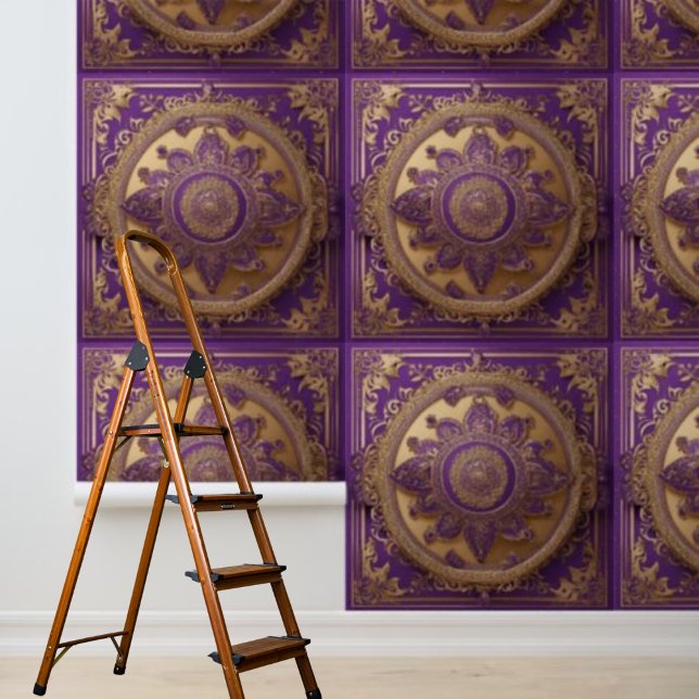 Peel en Stick Indian Rich Paarse gouden vierkanten Behang (Peel and Stick Indian Rich Purple Gold Squares Wallpaper)