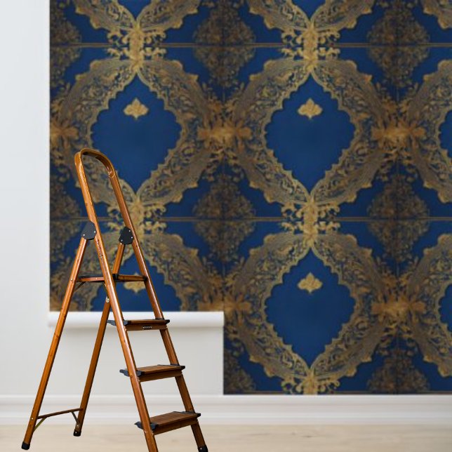 Peel en Stick Indisch geïnspireerd ontwerp Blauw G Behang (Peel and Stick Indian inspired design Blue Gold Wallpaper)