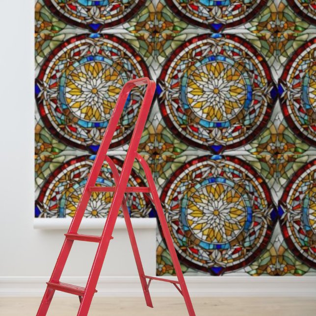 Peel en Stick multi-gekleurde glas-in-lood cirkels Behang (Peel and Stick multi-colored stained glass circles Wallpaper)