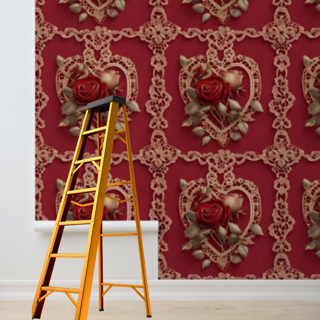 Peel en Stick red hearts rozen kanten patroon Behang (Peel and Stick red hearts roses lace pattern Wallpaper)