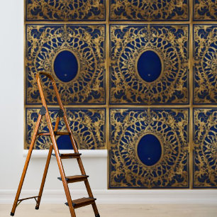 Peel en Stick Wallpaper Blauw Goud Kant Patroon Behang