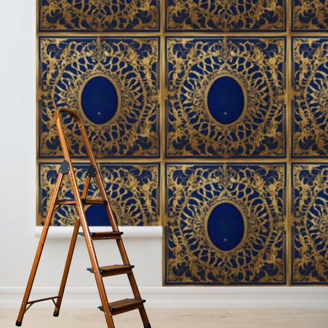 Peel en Stick Wallpaper Blauw Goud Kant Patroon Behang (Peel and Stick Wallpaper Blue Gold Lace Pattern Wallpaper)