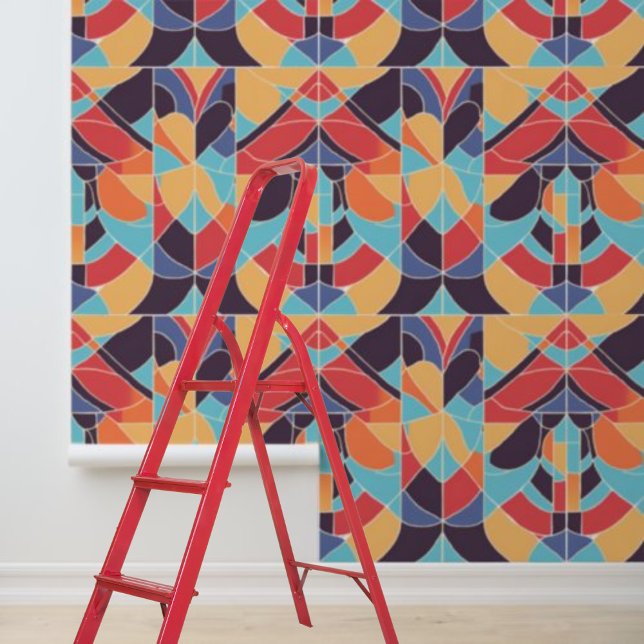 Peel Stick artdeco blauw Sinaasappel geometrisch p Behang (Peel Stick Artdeco Blue Orange Geometric Pattern Wallpaper)