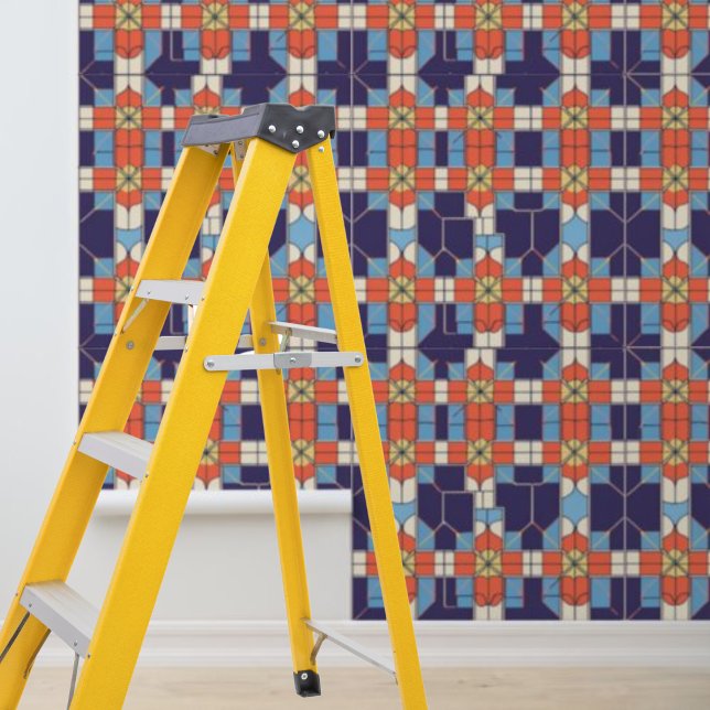 Peel Stick Artdeco Tegels Patroon Blauw Sinaasappe Behang (Peel Stick Artdeco Tiles Pattern Blue Orange Wallpaper)