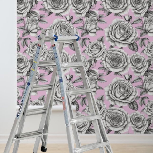 Peel Stick Rozen op Roze Achtergrond Geometrisch Behang (Peel Stick Roses on Pink Background Geometric Wallpaper)